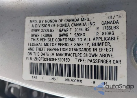 2015 Honda Civic Ex из США, поврежденный, VIN 2HGFB2F83FH520180